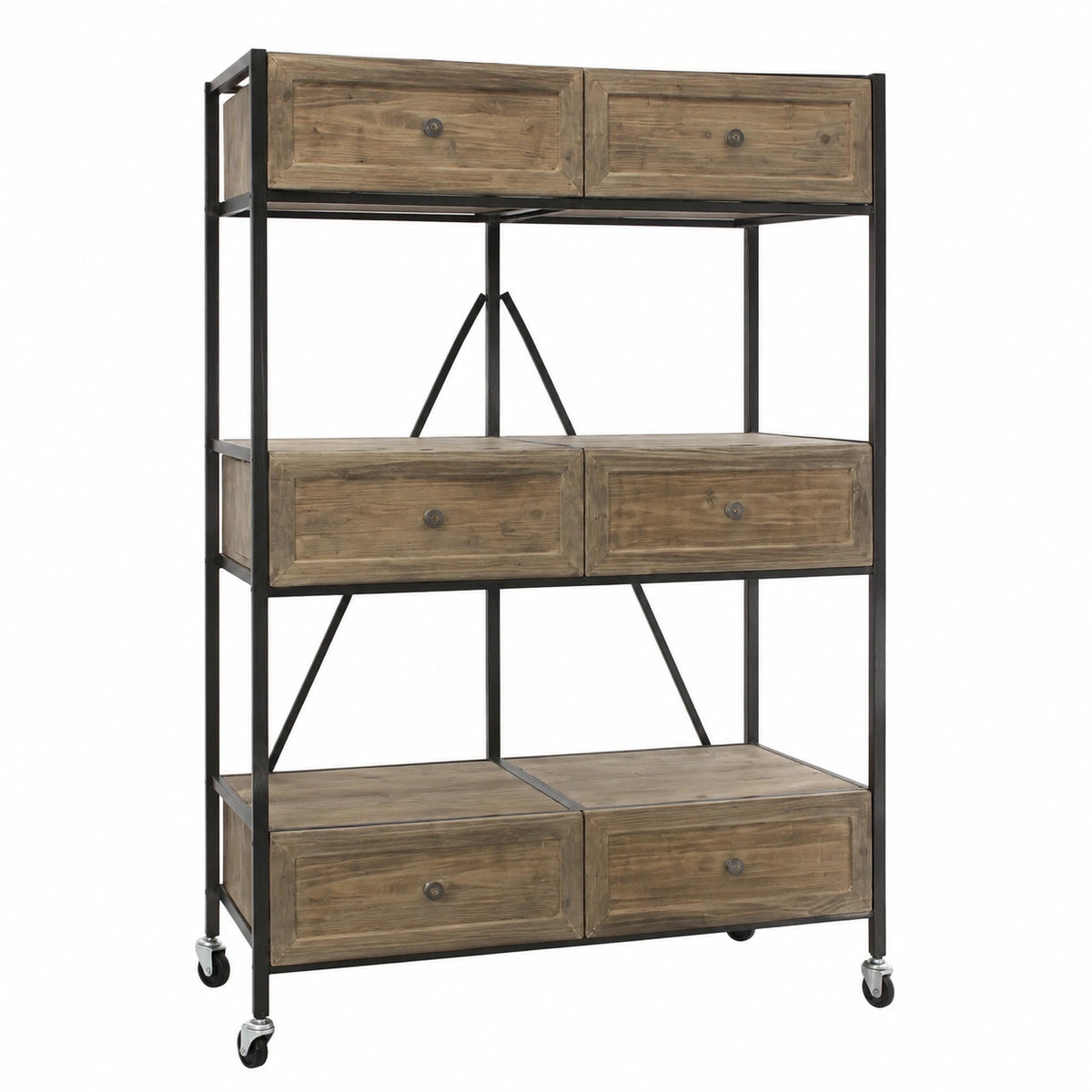 DiKasa Mobile Industriale con Cassetti e Ruote per Casa, Ferro e Legno, 74x37x112 cm