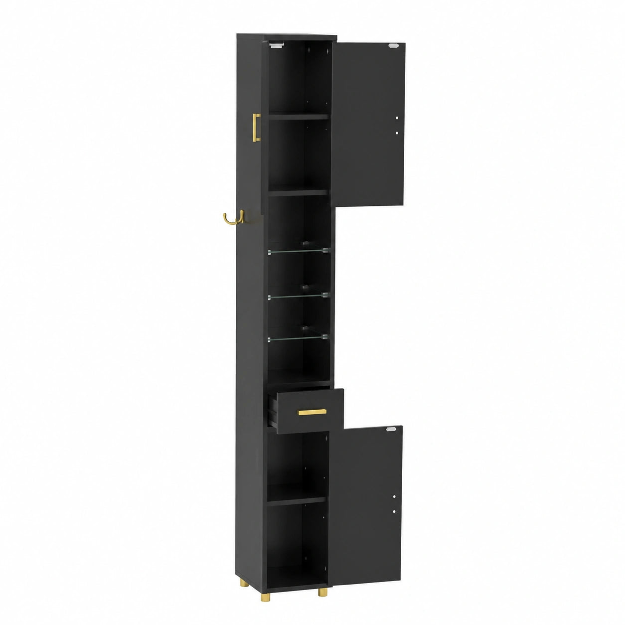 Mobile Bagno Alto e Stretto con Luci, 20x20x181cm, Stile Moderno, con Ante e Ripiani in Vetro, Colonna Salvaspazio Nero