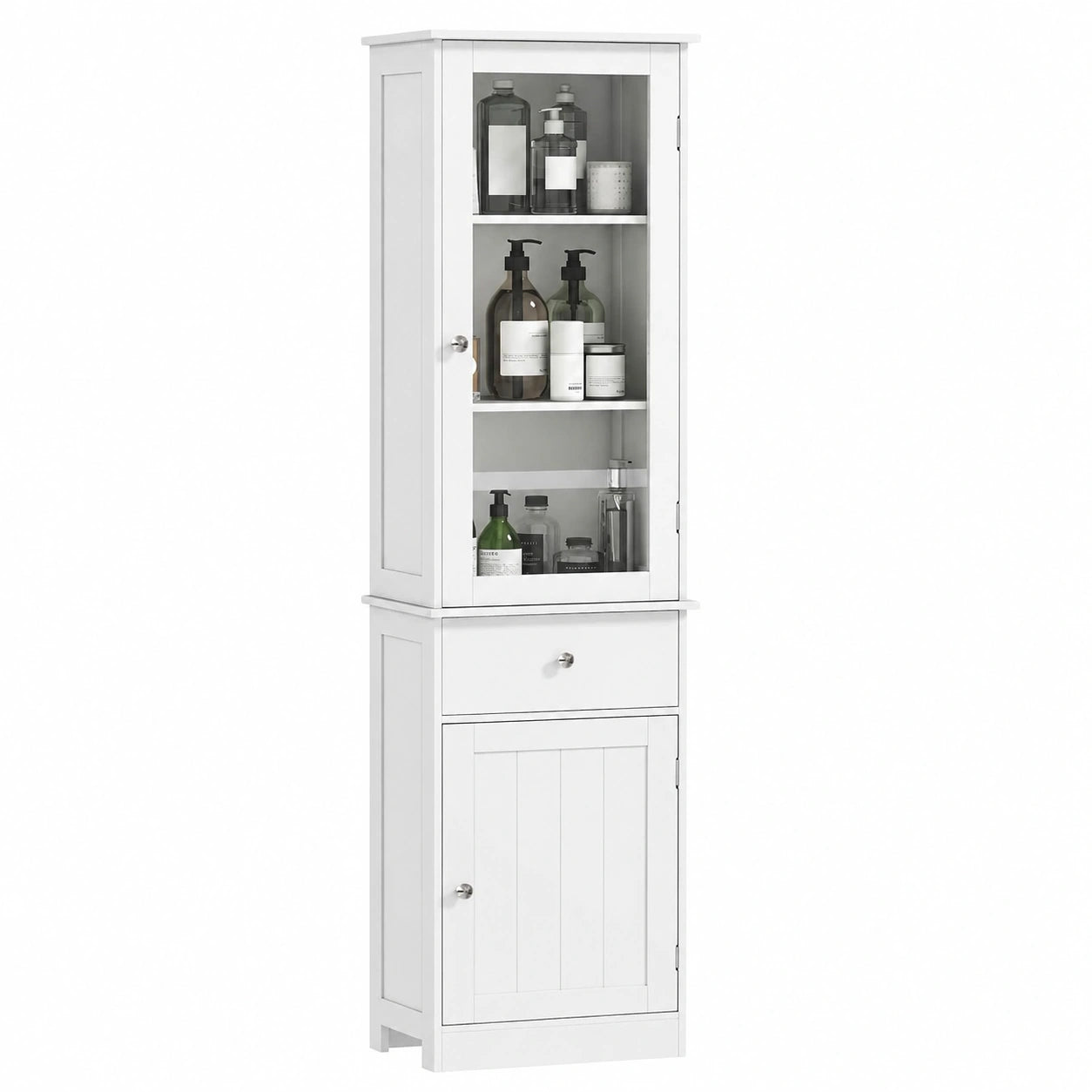 Colonna Bagno Salvaspazio con Cassetto e Ripiani Regolabili, Armadietto con Ante in Vetro, 40x27x171.5 cm, Bianco