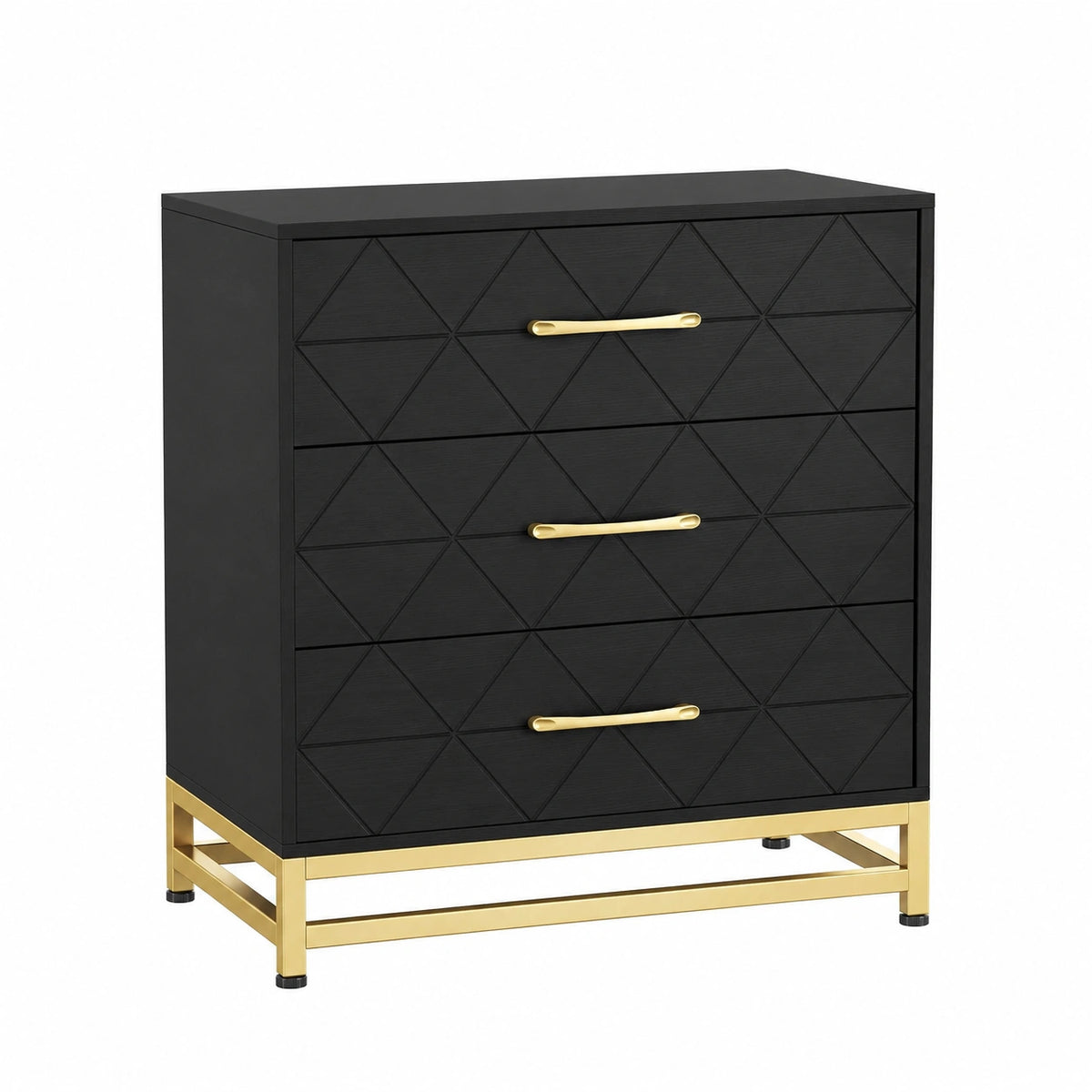 Comodino moderno a 3 cassetti in MDF con maniglie dorate
