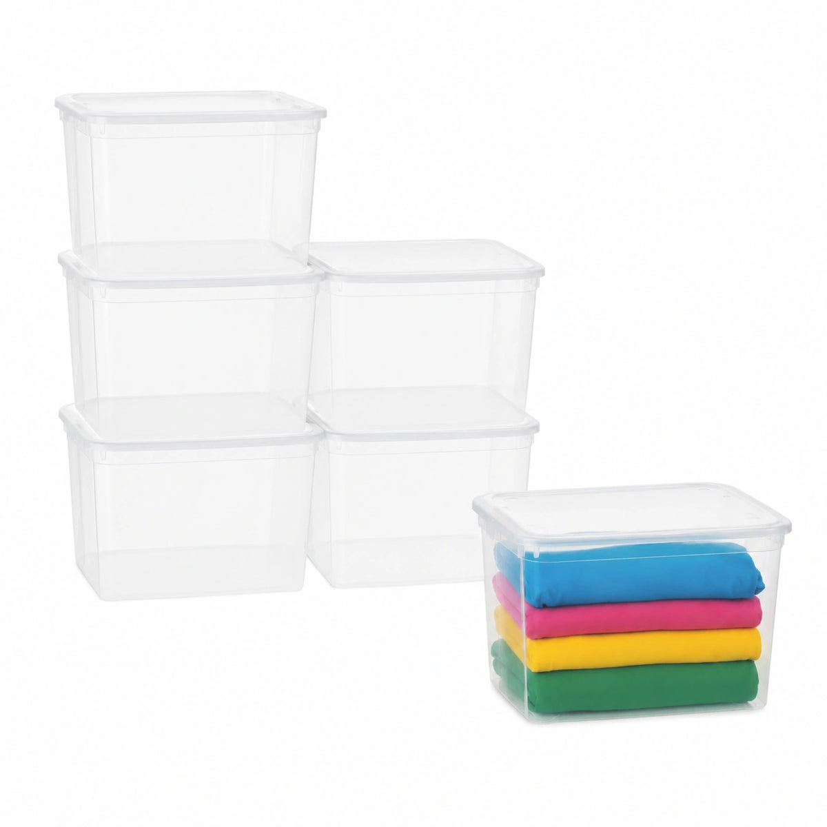 Set di 8 Contenitori Multiuso Trasparenti 43L con Coperchio a Scatto, 56x38,5x29 cm