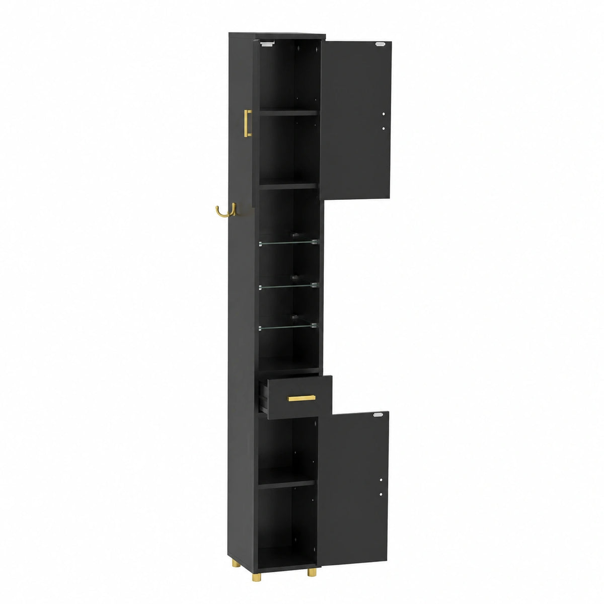 Mobile Bagno Alto e Stretto con Luci, 20x20x181cm, Stile Moderno, con Ante e Ripiani in Vetro, Colonna Salvaspazio Nero