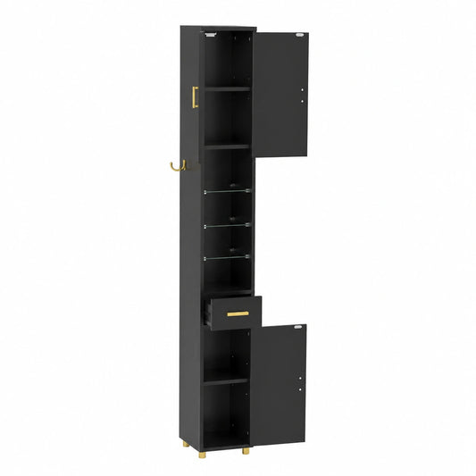 Mobile Bagno Alto e Stretto con Luci, 20x20x181cm, Stile Moderno, con Ante e Ripiani in Vetro, Colonna Salvaspazio Nero