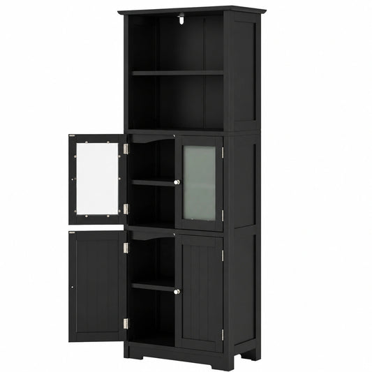 Armadio Salvaspazio in Legno con Ante in Vetro e Ripiani Regolabili, 60x30x163cm, Ideale per Bagno, Cucina e Soggiorno, Nero