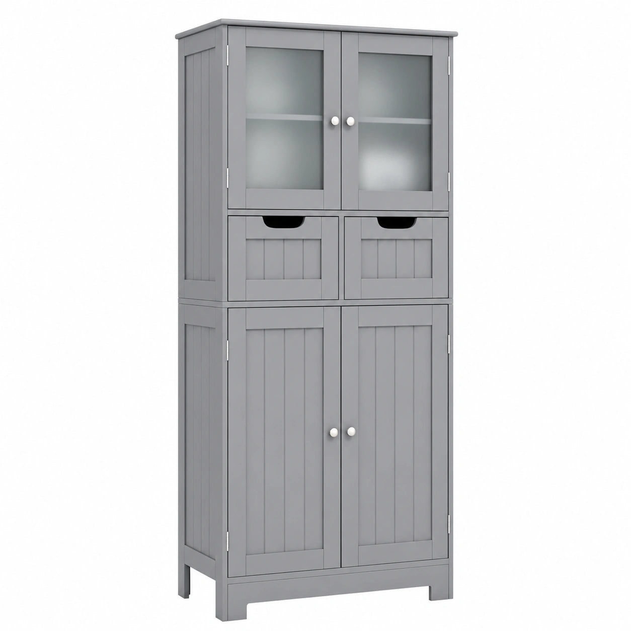 LIFEZEAL Armadio Bagno Salvaspazio in Legno, Vetrina a 2 Ante in Vetro, Grande Mobile 60x30x128 cm con Cassetti, Credenza Cucina Moderna, Colore Grigio