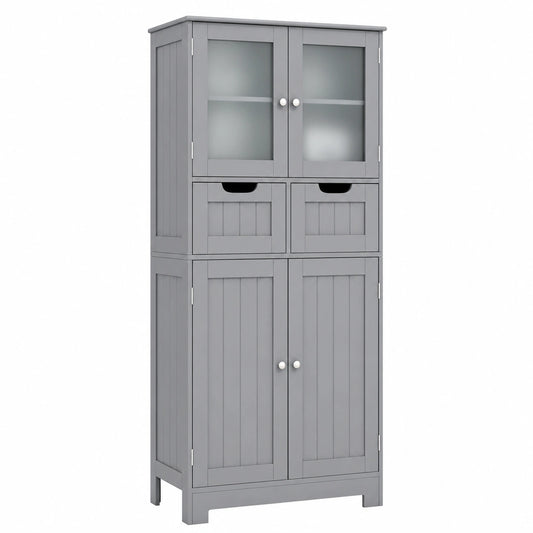 LIFEZEAL Armadio Bagno Salvaspazio in Legno, Vetrina a 2 Ante in Vetro, Grande Mobile 60x30x128 cm con Cassetti, Credenza Cucina Moderna, Colore Grigio