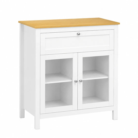 HOMCOM Mobile da Cucina con Cassetto e Ripiani Regolabili, Credenza Moderna in Vetro per Soggiorno e Sala da Pranzo, 80x40x90 cm, Bianco