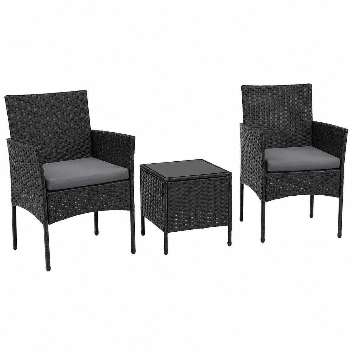 Set Mobili da Giardino in Rattan 3 Pezzi con Tavolino in Vetro e Cuscini Rimovibili