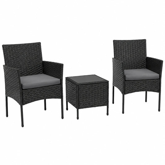 Set Mobili da Giardino in Rattan 3 Pezzi con Tavolino in Vetro e Cuscini Rimovibili