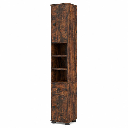 COSTWAY Armadietto Alto Salvaspazio con Cassetto e Ripiani Regolabili, Mobiletto da Bagno Antiscivolo 20x20x180 cm, Colonna Verticale in Legno per Ingresso (Caffè)