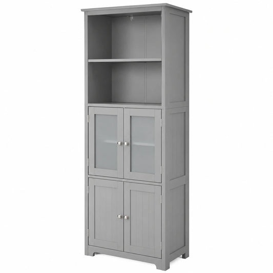 Armadio Alto Salvaspazio in Legno con Ante in Vetro, 60x30x163cm, Mobile Multiuso per Bagno, Cucina e Soggiorno (Grigio)