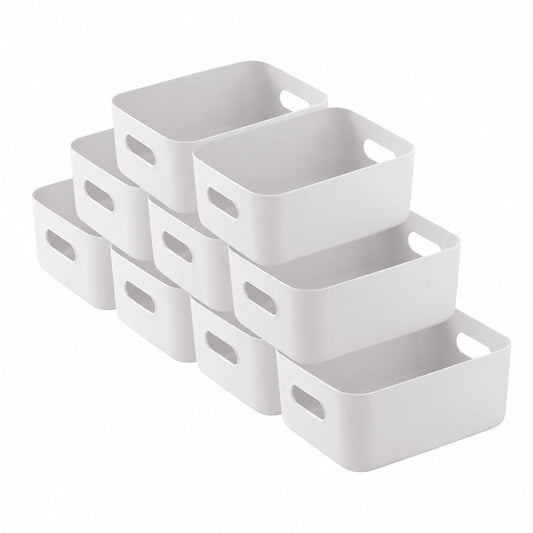 Set di 10 Contenitori di Plastica Grigi con Maniglia 30x20x12 cm per Bagno e Casa