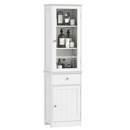 Colonna Bagno Salvaspazio con Cassetto e Ripiani Regolabili, Armadietto con Ante in Vetro, 40x27x171.5 cm, Bianco