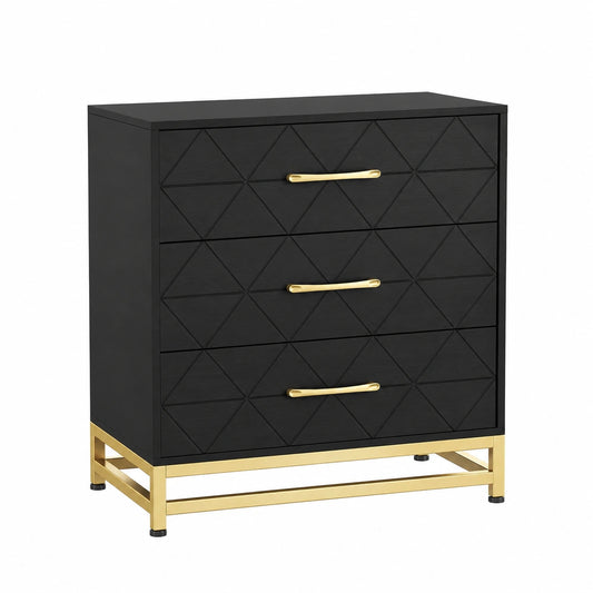 Comodino moderno a 3 cassetti in MDF con maniglie dorate
