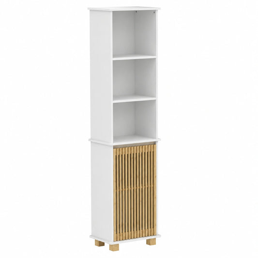 Colonna Bagno HOMCOM in Bambù con Ripiani e Anta - 35x26x173 cm, Bianco