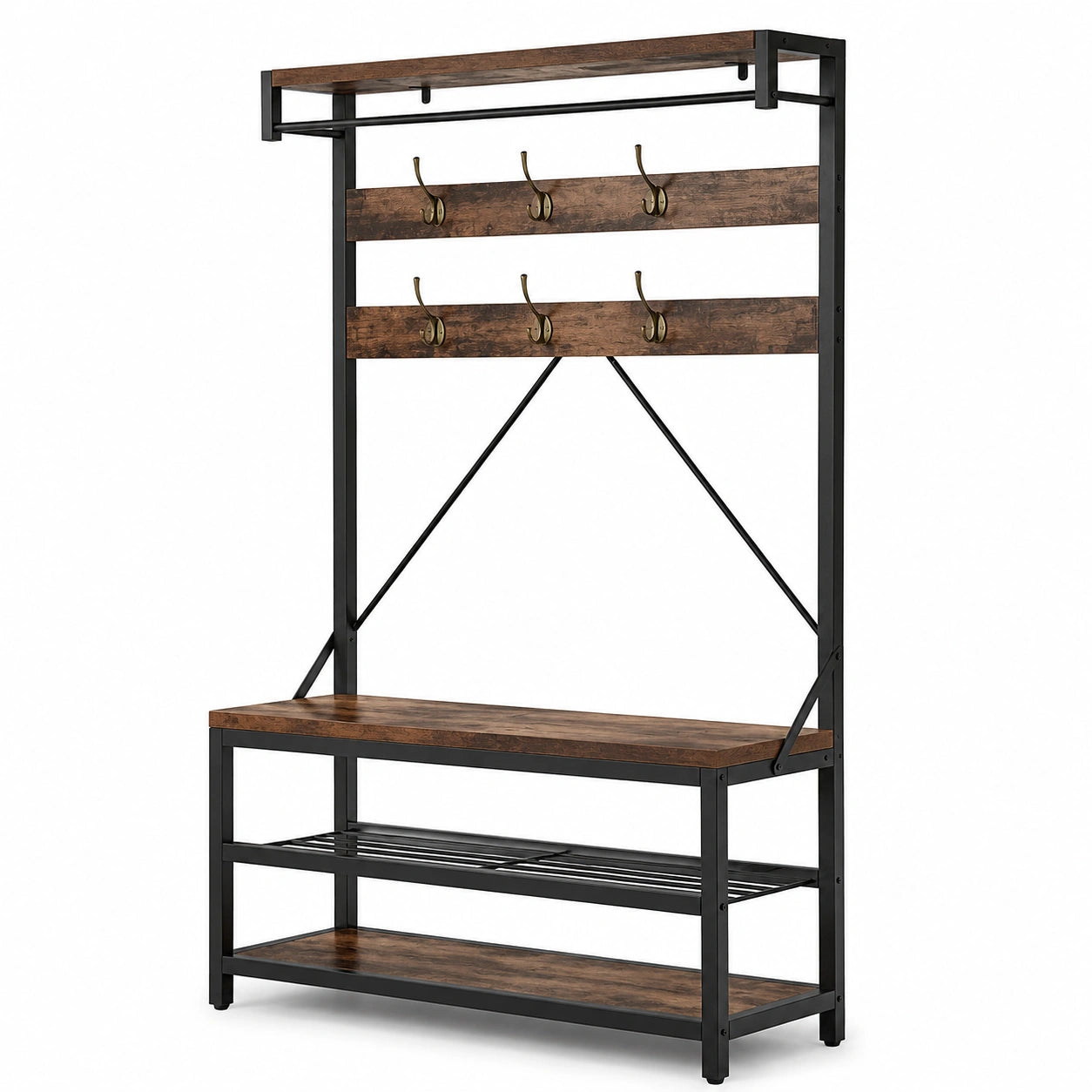 Panchina con Ganci e Scaffale in Legno, Mobile Ingresso Moderno con 5 Ripiani, 183x101.6 cm