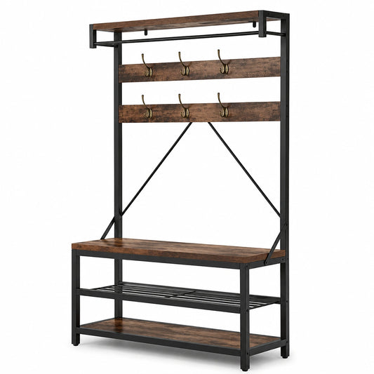 Panchina con Ganci e Scaffale in Legno, Mobile Ingresso Moderno con 5 Ripiani, 183x101.6 cm