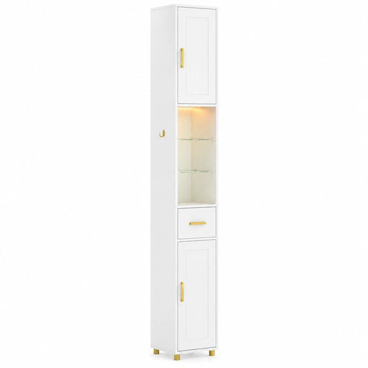 Colonna Bagno Salvaspazio con Illuminazione, Mobile con Vetro e Ripiani Regolabili, Cassetto e Gancio Laterale per Piccoli Spazi 20x20x181 cm, Bianco