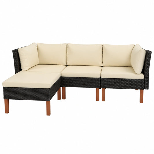 Set Salotto da Giardino in Rattan Nero con Cuscini - 4 Pezzi