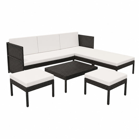 Set di Divani da Giardino in Polyrattan con Cuscini, 6 Pezzi, Colore Nero